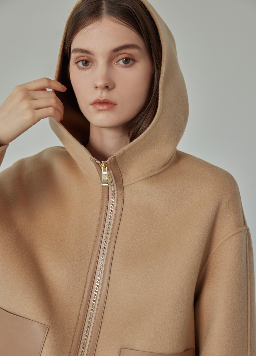 率性拼皮連帽短大衣